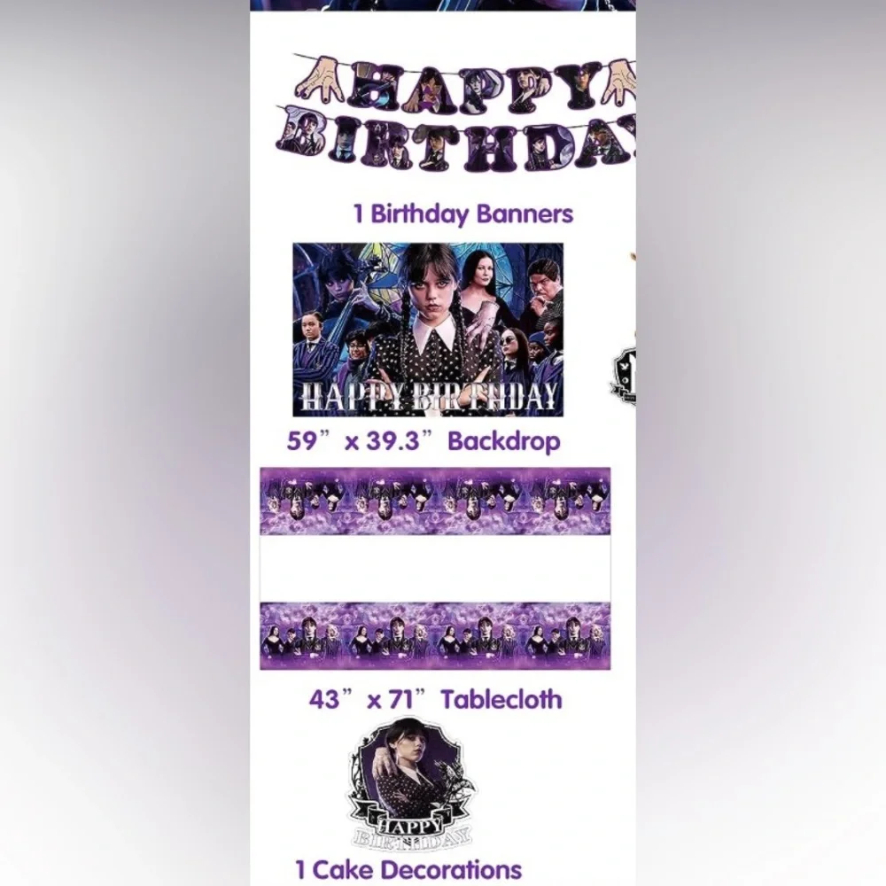 Wednesday Addams Birthday Party Supplies includes banner, balloons, plat…